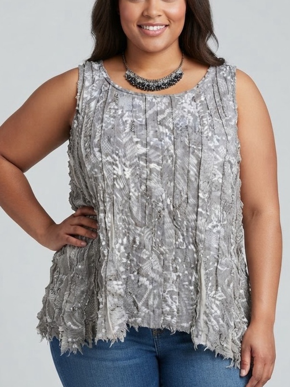 😍 CLEO Sleeveless Scoop Neck Tank Top White & Beige with Veryical Strips XLP